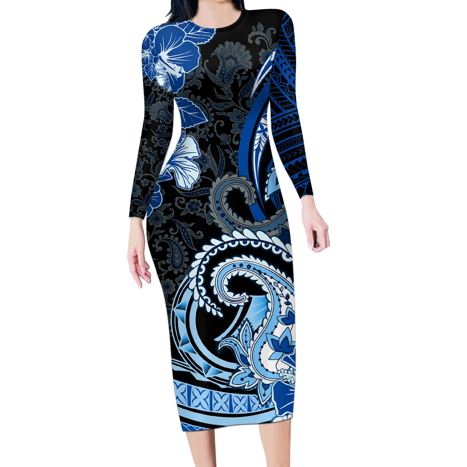 Polynesia Paisley Long Sleeve Bodycon Dress Mix Blue Polynesian Pattern LT05 Long Dress Blue - Polynesian Pride