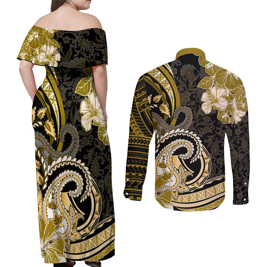 Polynesia Paisley Couples Matching Off Shoulder Maxi Dress and Long Sleeve Button Shirt Mix Gold Polynesian Pattern LT05 - Polynesian Pride