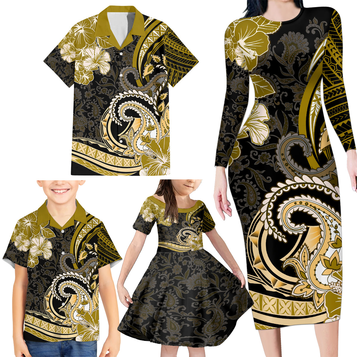 Polynesia Paisley Family Matching Long Sleeve Bodycon Dress and Hawaiian Shirt Mix Gold Polynesian Pattern LT05 - Polynesian Pride