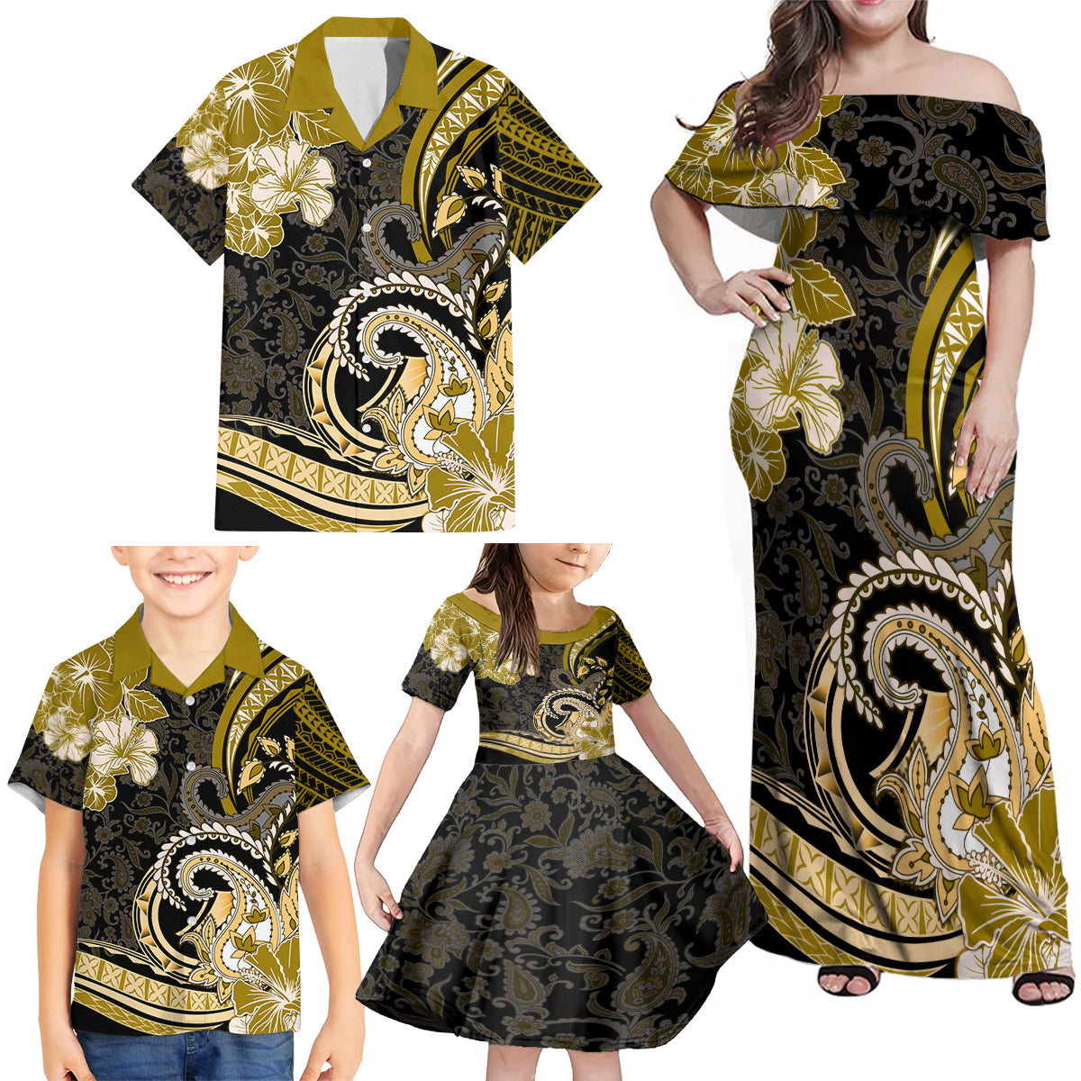 Polynesia Paisley Family Matching Off Shoulder Maxi Dress and Hawaiian Shirt Mix Gold Polynesian Pattern LT05 - Polynesian Pride