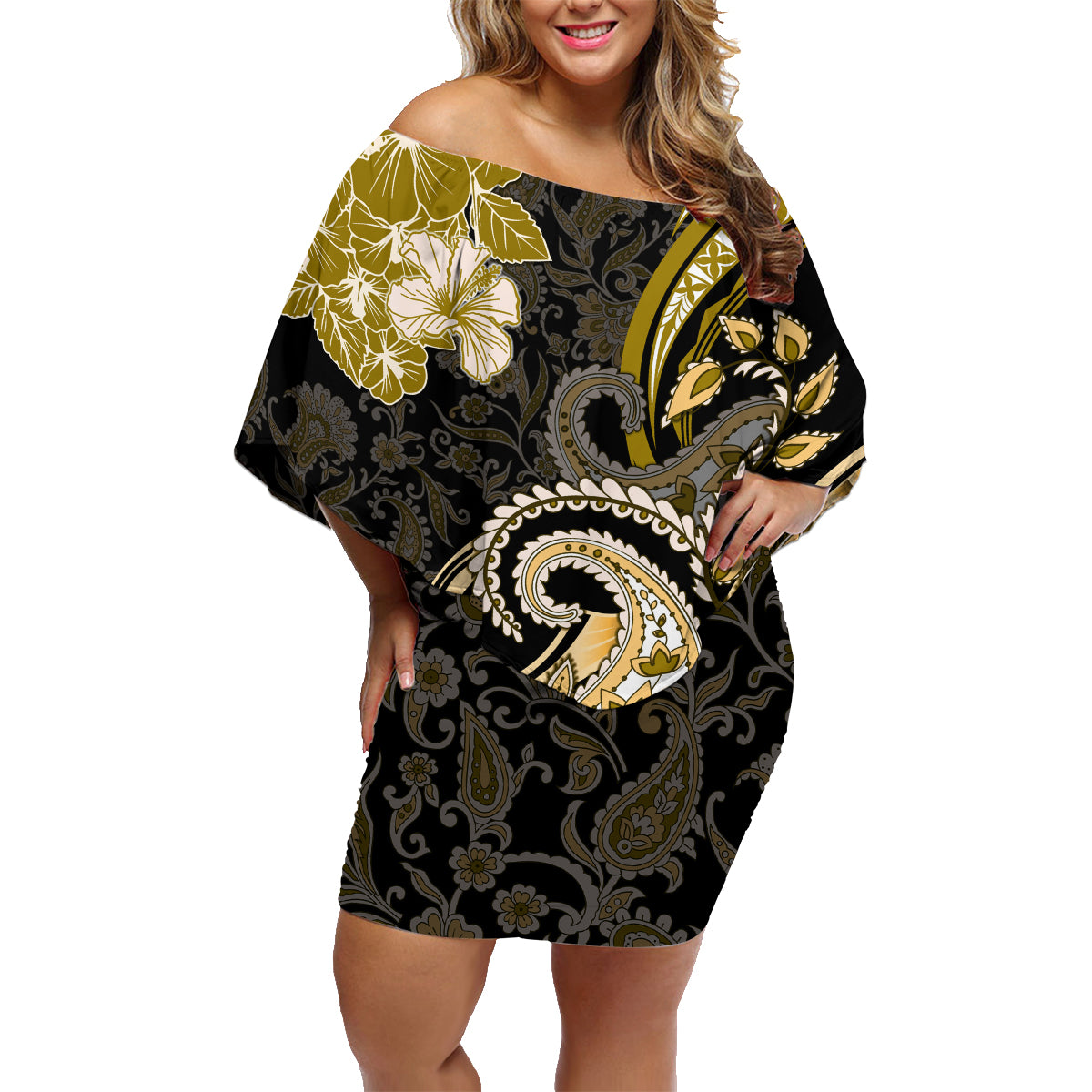 Polynesia Paisley Family Matching Off Shoulder Short Dress and Hawaiian Shirt Mix Gold Polynesian Pattern LT05 Mom's Dress Gold - Polynesian Pride