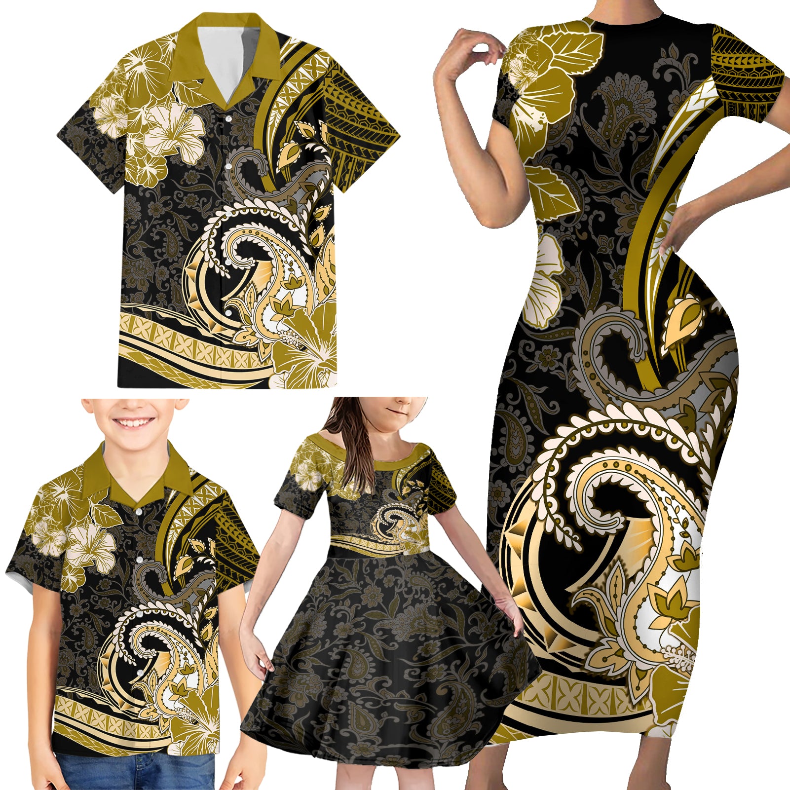 Polynesia Paisley Family Matching Short Sleeve Bodycon Dress and Hawaiian Shirt Mix Gold Polynesian Pattern LT05 - Polynesian Pride