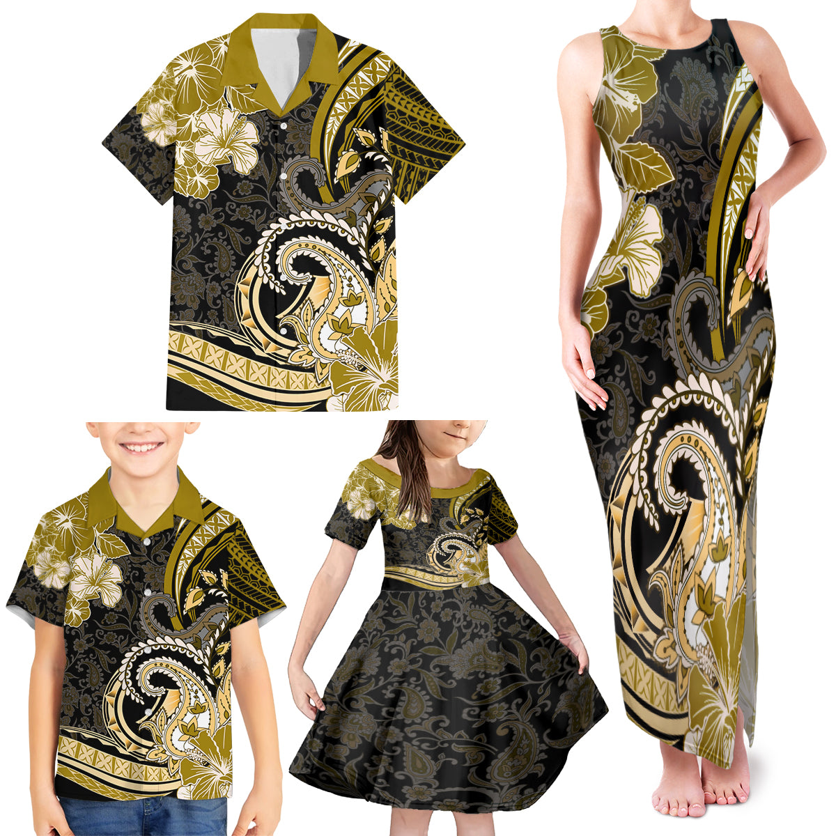 Polynesia Paisley Family Matching Tank Maxi Dress and Hawaiian Shirt Mix Gold Polynesian Pattern LT05 - Polynesian Pride