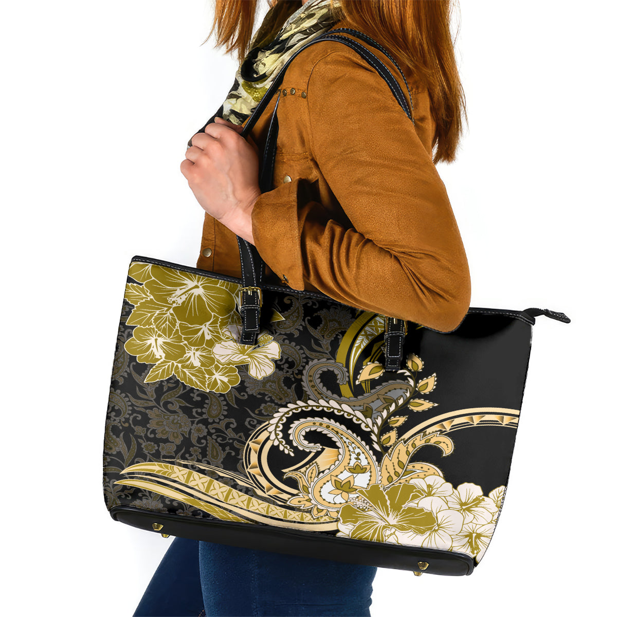 Polynesia Paisley Leather Tote Bag Mix Gold Polynesian Pattern LT05 Gold - Polynesian Pride