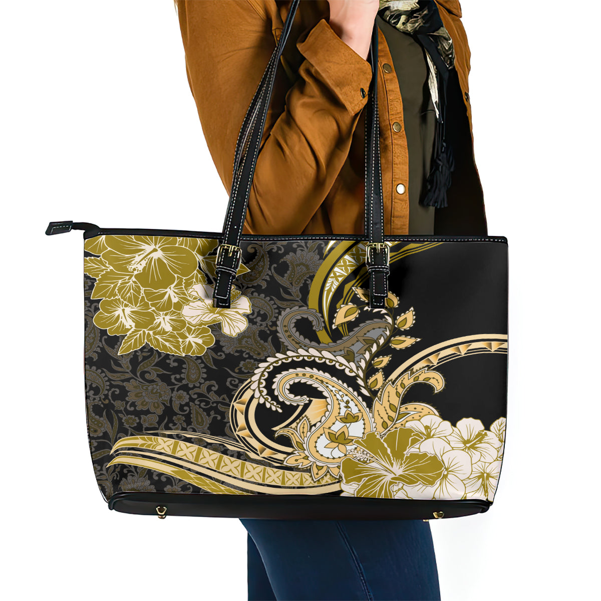 Polynesia Paisley Leather Tote Bag Mix Gold Polynesian Pattern LT05 - Polynesian Pride