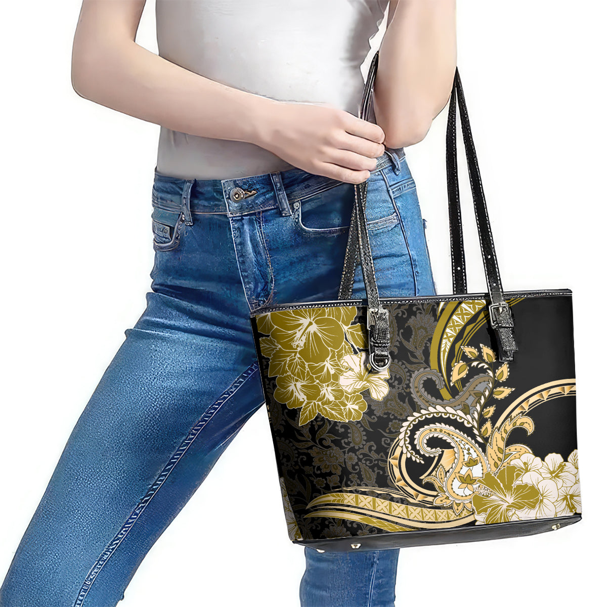 Polynesia Paisley Leather Tote Bag Mix Gold Polynesian Pattern LT05 - Polynesian Pride