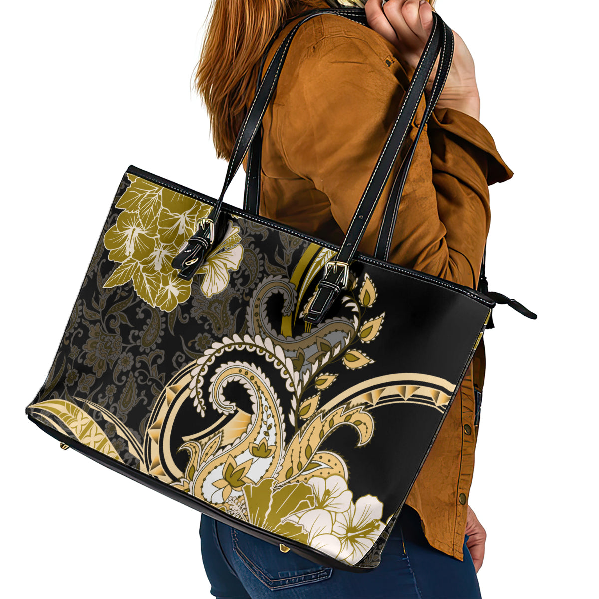 Polynesia Paisley Leather Tote Bag Mix Gold Polynesian Pattern LT05 - Polynesian Pride