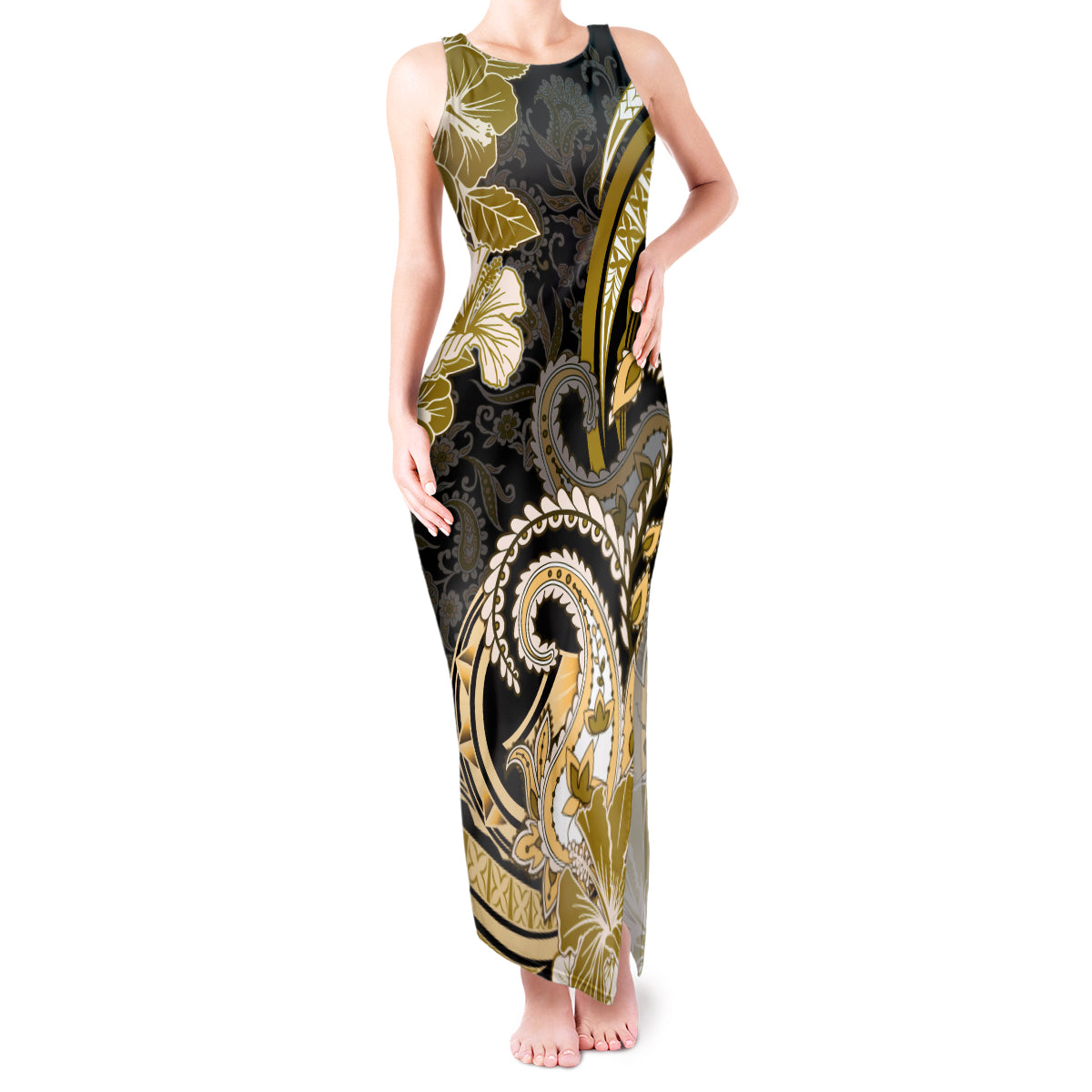 Polynesia Paisley Tank Maxi Dress Mix Gold Polynesian Pattern LT05 Women Gold - Polynesian Pride