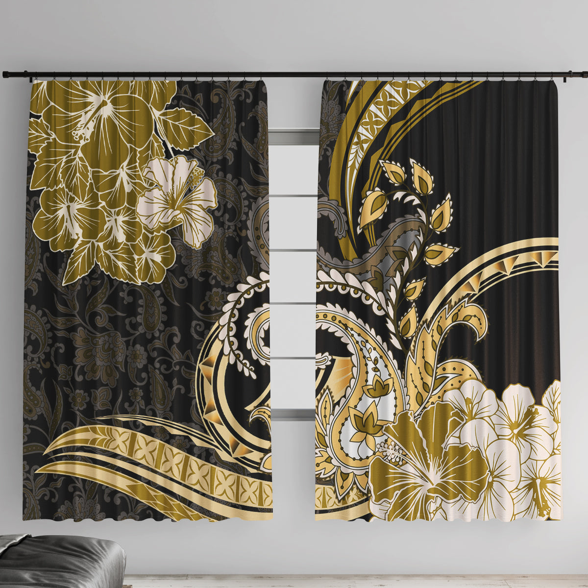 Polynesia Paisley Window Curtain Mix Gold Polynesian Pattern LT05 With Hooks Gold - Polynesian Pride