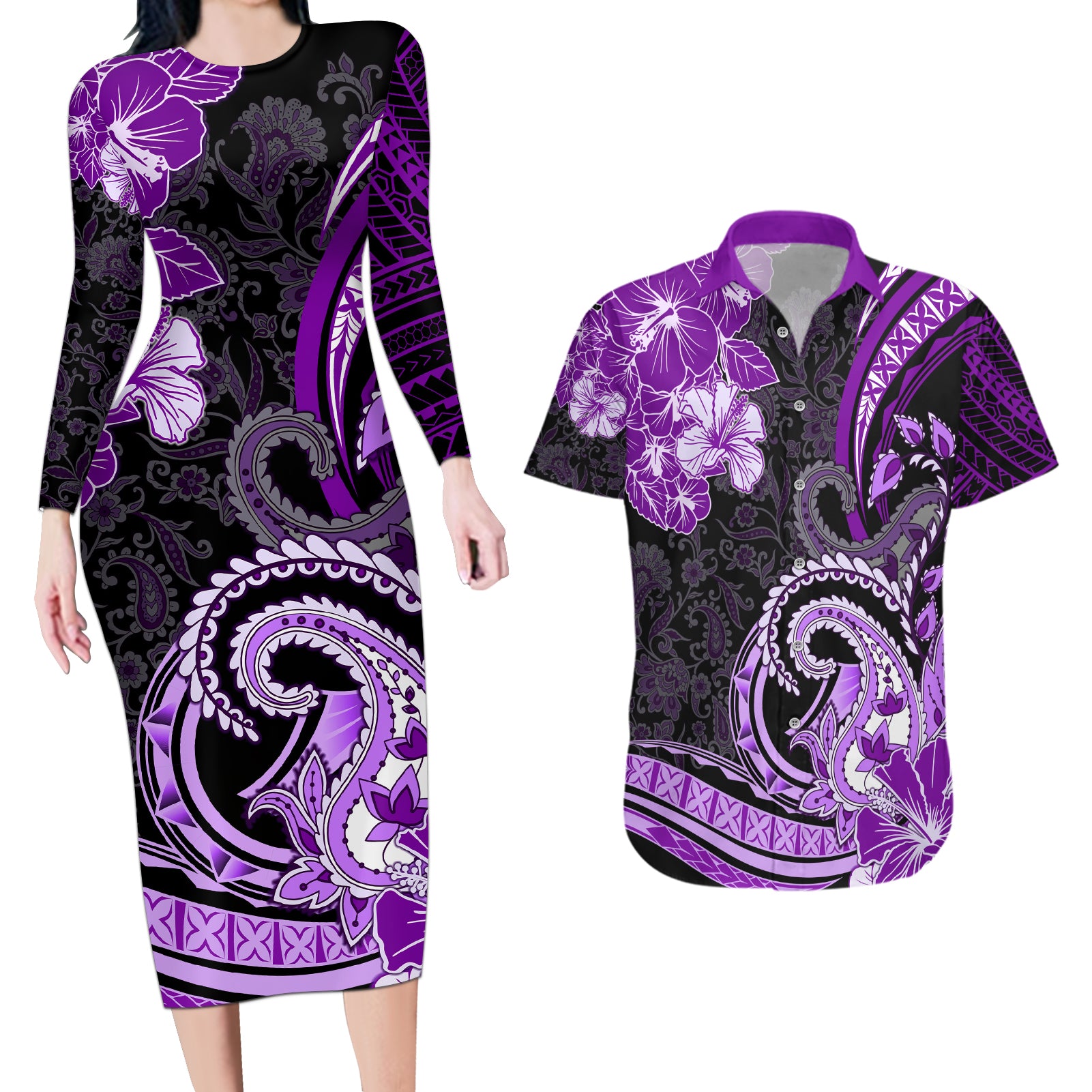 Polynesia Paisley Couples Matching Long Sleeve Bodycon Dress and Hawaiian Shirt Mix Purple Polynesian Pattern LT05 Purple - Polynesian Pride