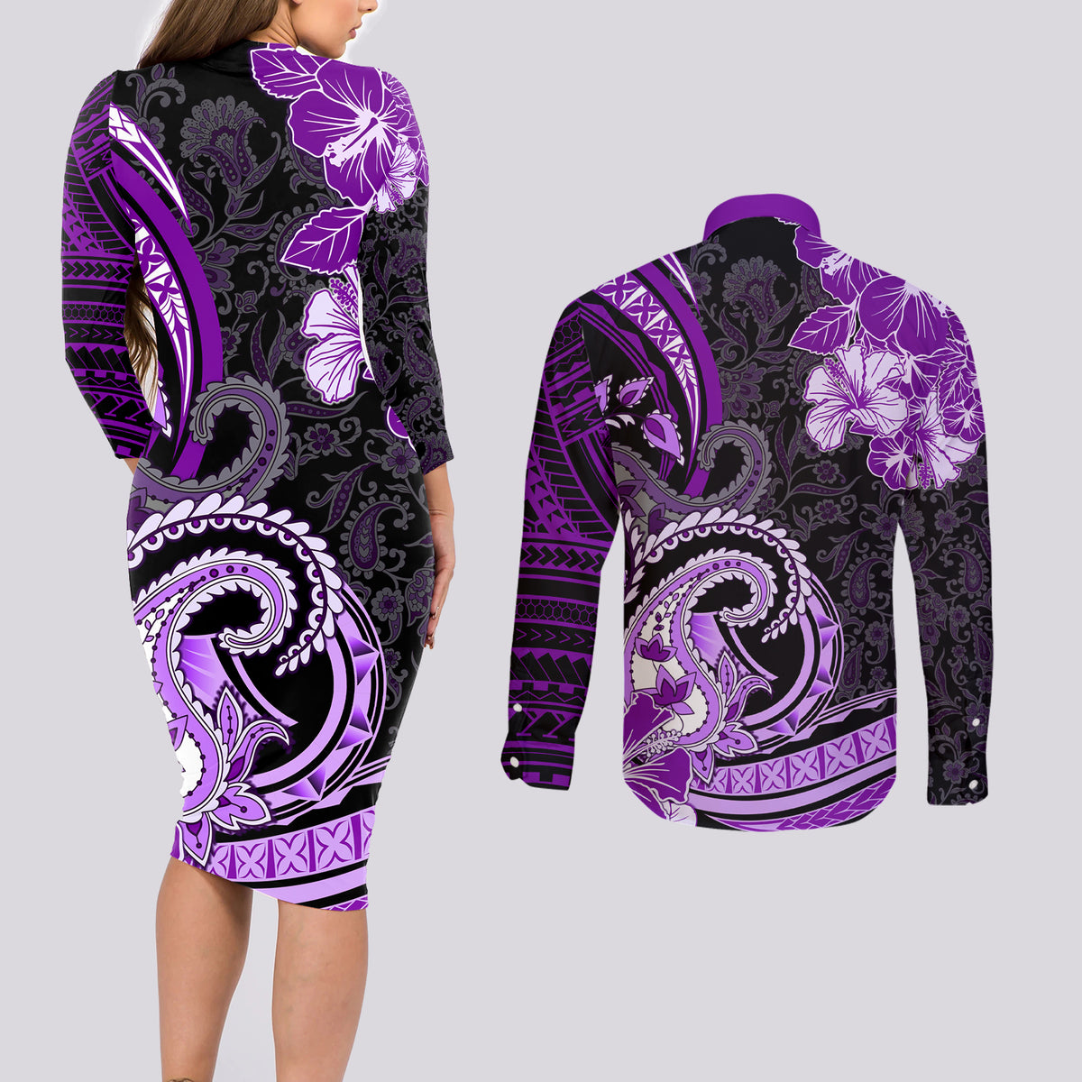Polynesia Paisley Couples Matching Long Sleeve Bodycon Dress and Long Sleeve Button Shirt Mix Purple Polynesian Pattern LT05 - Polynesian Pride