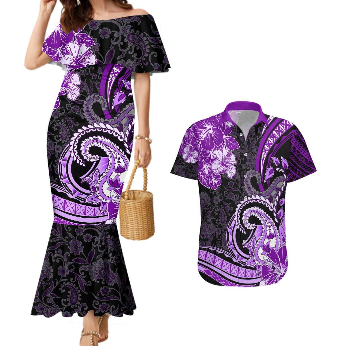 Polynesia Paisley Couples Matching Mermaid Dress and Hawaiian Shirt Mix Purple Polynesian Pattern LT05 Purple - Polynesian Pride