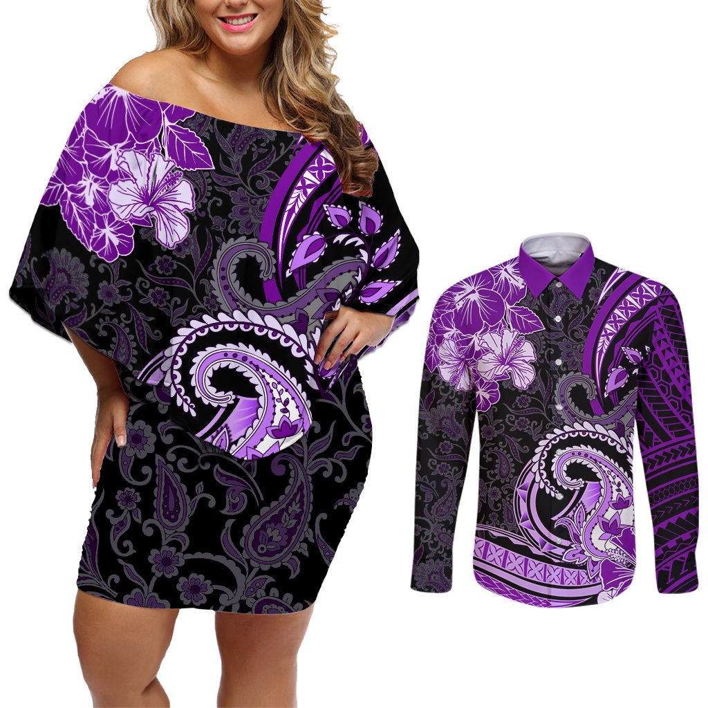 Polynesia Paisley Couples Matching Off Shoulder Short Dress and Long Sleeve Button Shirt Mix Purple Polynesian Pattern LT05 Purple - Polynesian Pride