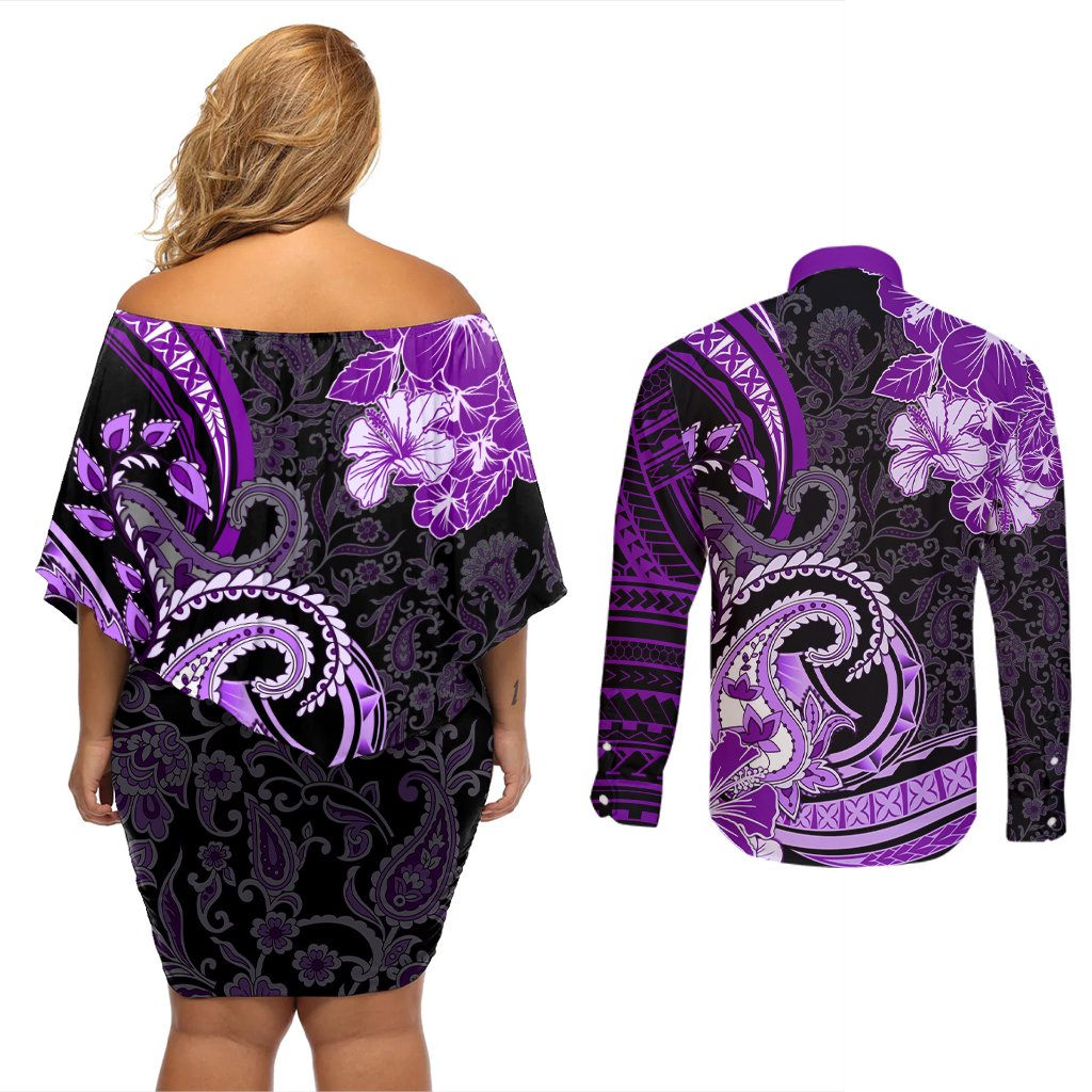 Polynesia Paisley Couples Matching Off Shoulder Short Dress and Long Sleeve Button Shirt Mix Purple Polynesian Pattern LT05 - Polynesian Pride