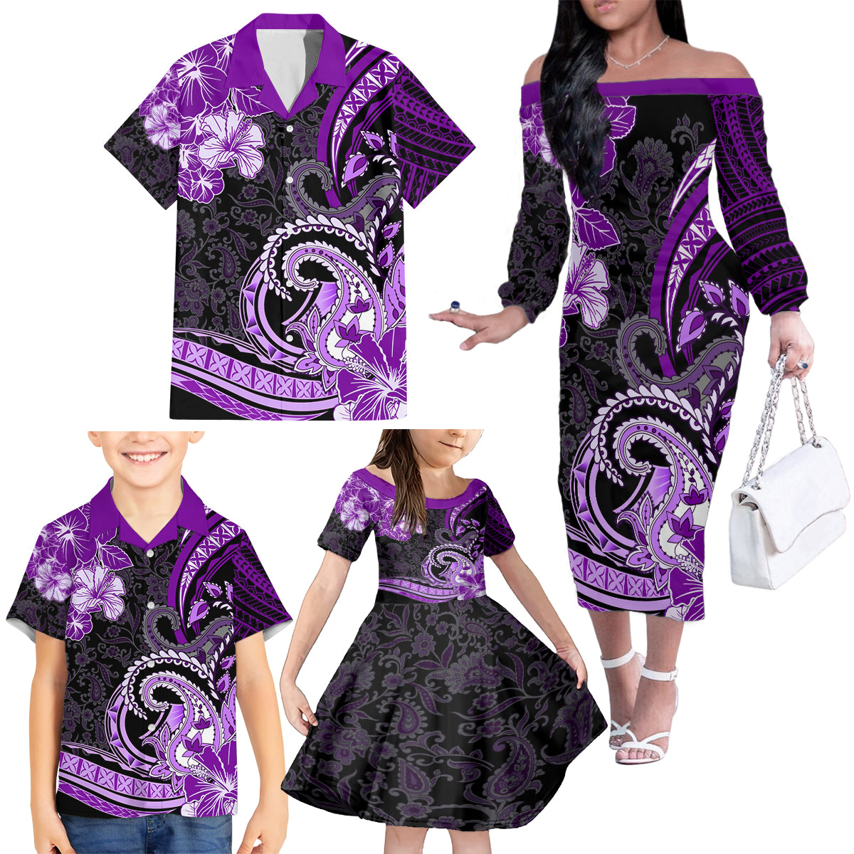 Polynesia Paisley Family Matching Off Shoulder Long Sleeve Dress and Hawaiian Shirt Mix Purple Polynesian Pattern LT05 - Polynesian Pride