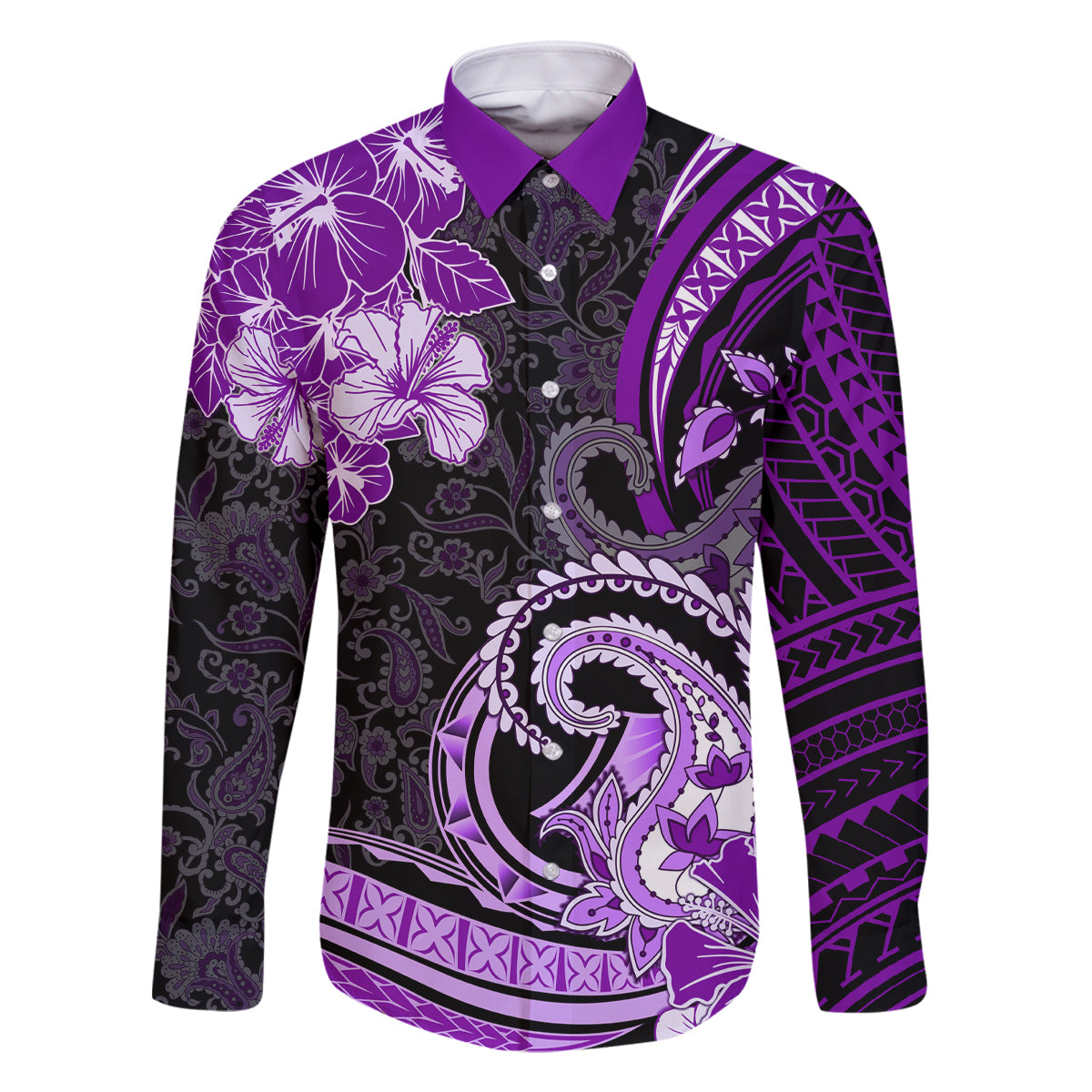 Polynesia Paisley Family Matching Off Shoulder Long Sleeve Dress and Hawaiian Shirt Mix Purple Polynesian Pattern LT05 Dad's Shirt - Long Sleeve Purple - Polynesian Pride