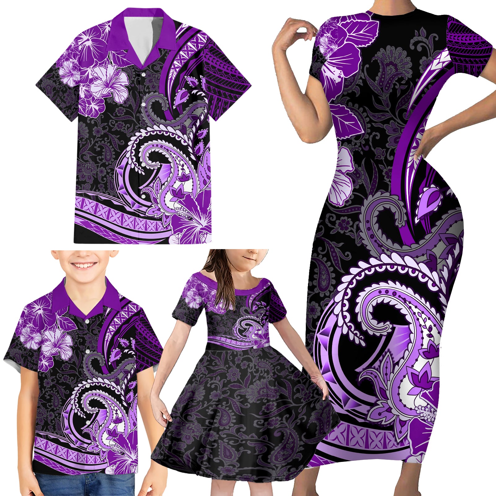 Polynesia Paisley Family Matching Short Sleeve Bodycon Dress and Hawaiian Shirt Mix Purple Polynesian Pattern LT05 - Polynesian Pride