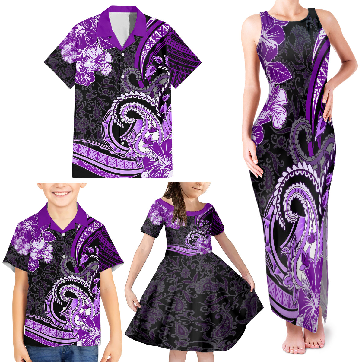 Polynesia Paisley Family Matching Tank Maxi Dress and Hawaiian Shirt Mix Purple Polynesian Pattern LT05 - Polynesian Pride