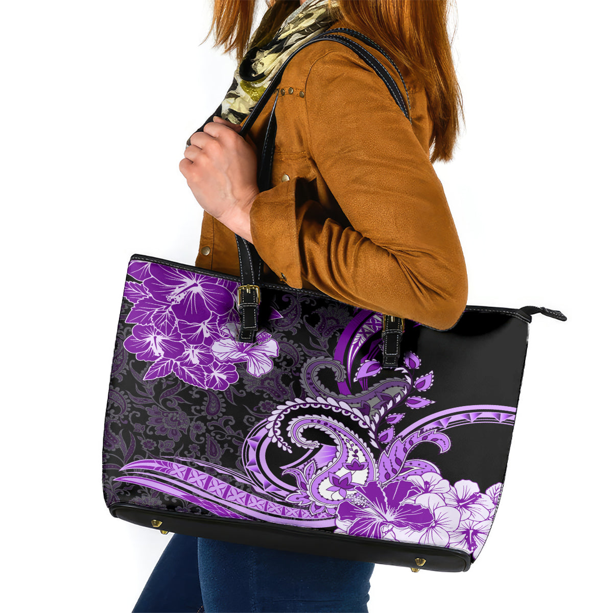 Polynesia Paisley Leather Tote Bag Mix Purple Polynesian Pattern LT05 Purple - Polynesian Pride
