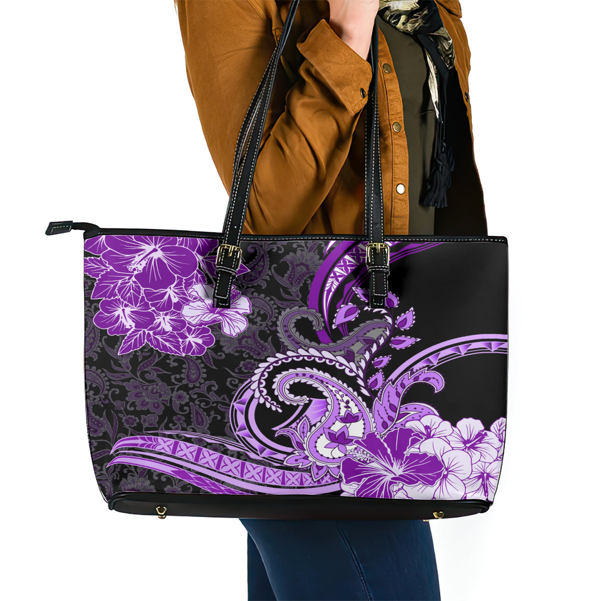 Polynesia Paisley Leather Tote Bag Mix Purple Polynesian Pattern LT05 - Polynesian Pride