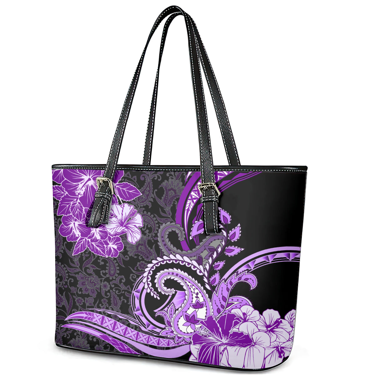 Polynesia Paisley Leather Tote Bag Mix Purple Polynesian Pattern LT05 - Polynesian Pride