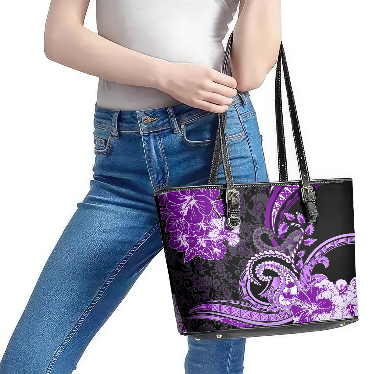 Polynesia Paisley Leather Tote Bag Mix Purple Polynesian Pattern LT05 - Polynesian Pride
