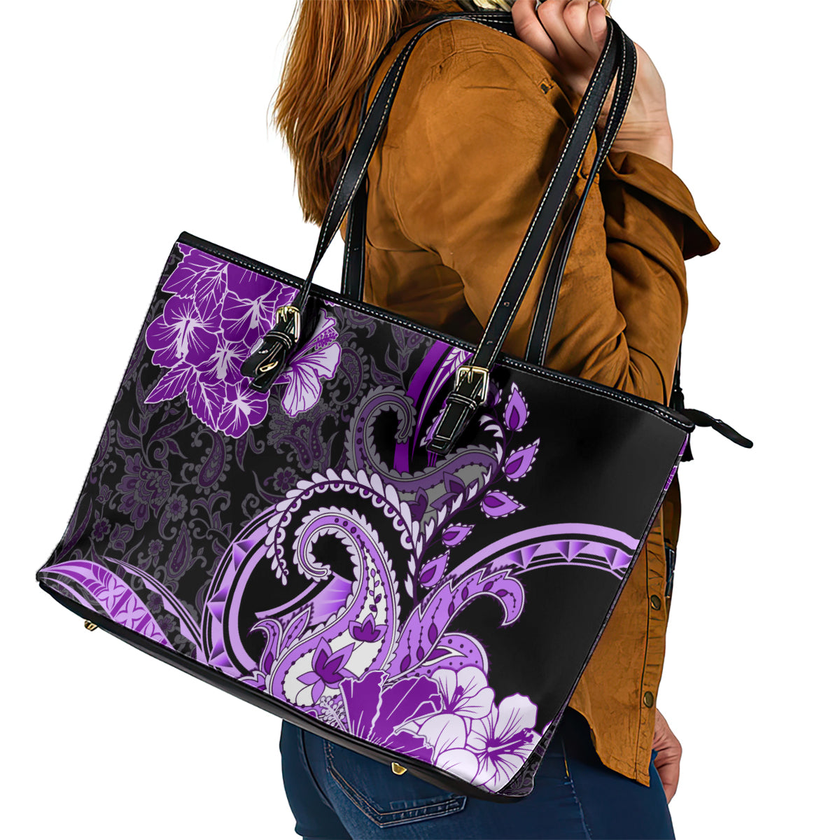 Polynesia Paisley Leather Tote Bag Mix Purple Polynesian Pattern LT05 - Polynesian Pride