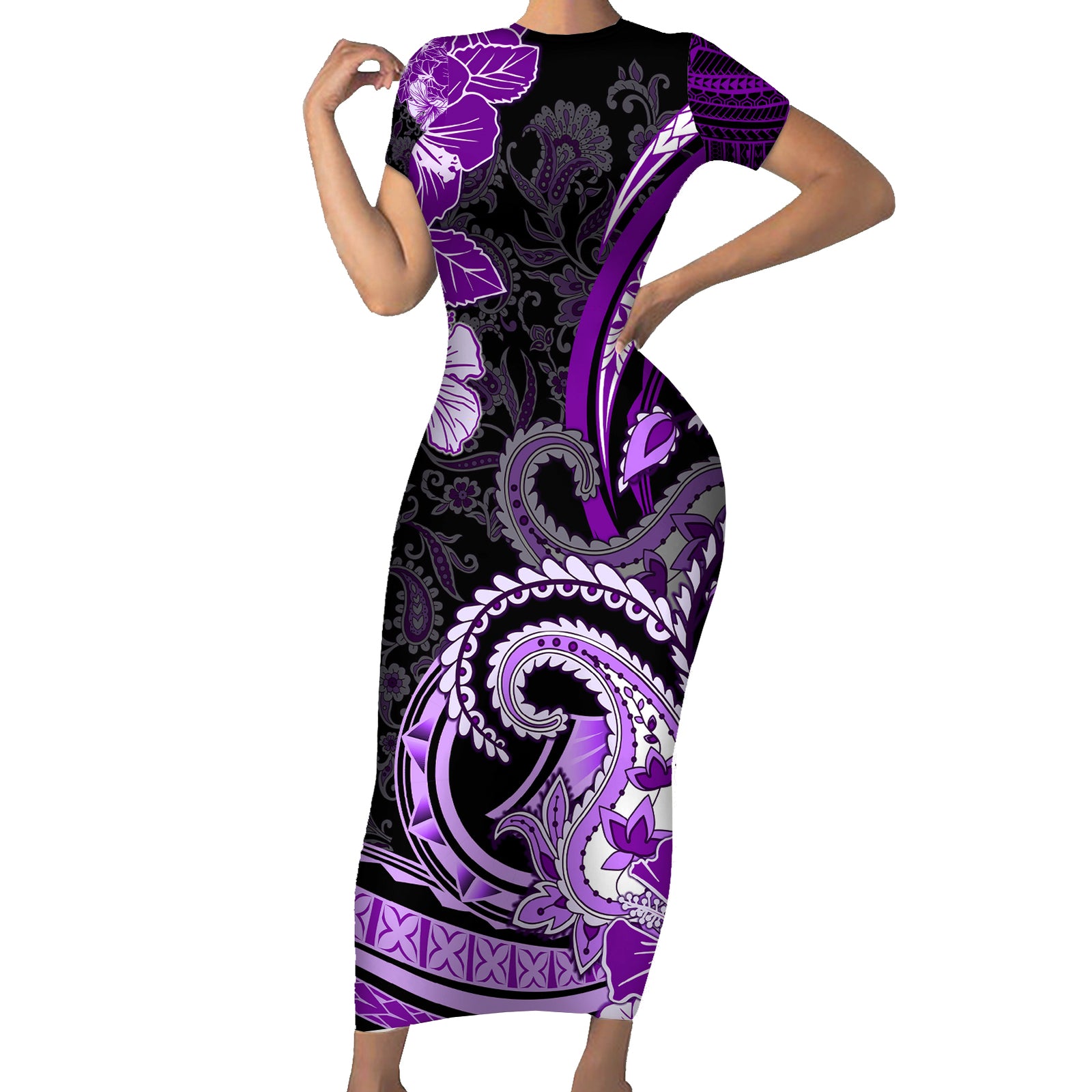 Polynesia Paisley Short Sleeve Bodycon Dress Mix Purple Polynesian Pattern LT05 Long Dress Purple - Polynesian Pride