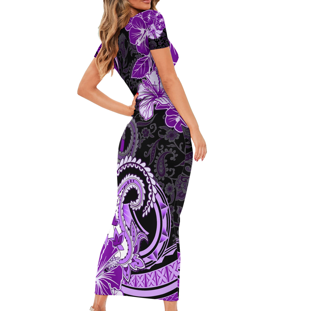 Polynesia Paisley Short Sleeve Bodycon Dress Mix Purple Polynesian Pattern LT05 - Polynesian Pride