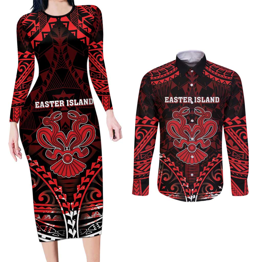 Personalised Easter Island Couples Matching Long Sleeve Bodycon Dress and Long Sleeve Button Shirt Polynesian Pattern Emblem LT05 Black - Polynesian Pride