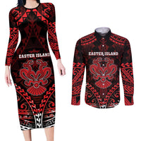 Personalised Easter Island Couples Matching Long Sleeve Bodycon Dress and Long Sleeve Button Shirt Polynesian Pattern Emblem LT05 Black - Polynesian Pride