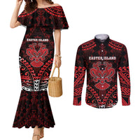 Personalised Easter Island Couples Matching Mermaid Dress and Long Sleeve Button Shirt Polynesian Pattern Emblem LT05 Black - Polynesian Pride