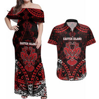 Personalised Easter Island Couples Matching Off Shoulder Maxi Dress and Hawaiian Shirt Polynesian Pattern Emblem LT05 Black - Polynesian Pride