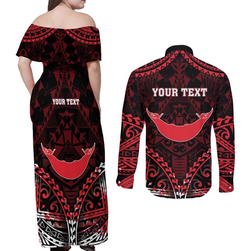 Personalised Easter Island Couples Matching Off Shoulder Maxi Dress and Long Sleeve Button Shirt Polynesian Pattern Emblem LT05 - Polynesian Pride