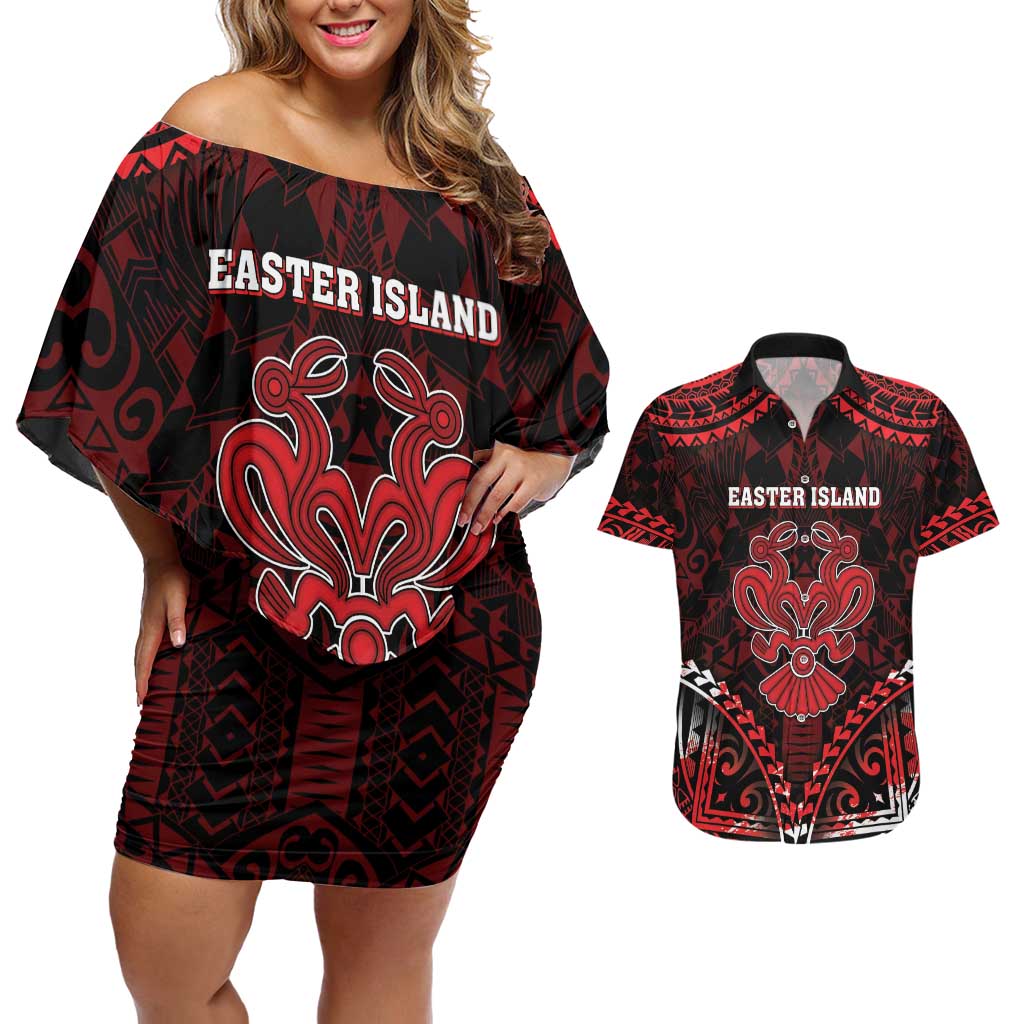 Personalised Easter Island Couples Matching Off Shoulder Short Dress and Hawaiian Shirt Polynesian Pattern Emblem LT05 Black - Polynesian Pride