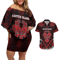 Personalised Easter Island Couples Matching Off Shoulder Short Dress and Hawaiian Shirt Polynesian Pattern Emblem LT05 Black - Polynesian Pride