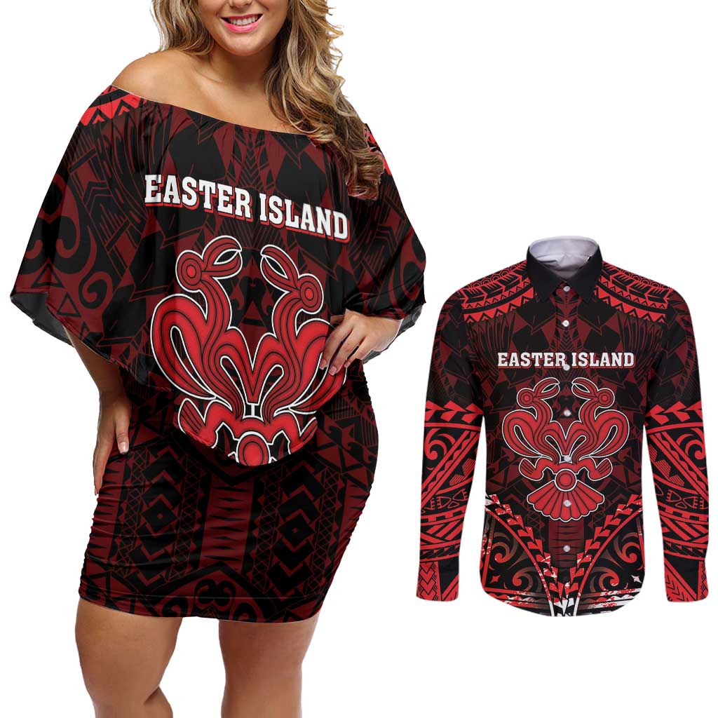 Personalised Easter Island Couples Matching Off Shoulder Short Dress and Long Sleeve Button Shirt Polynesian Pattern Emblem LT05 Black - Polynesian Pride