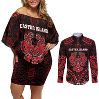 Personalised Easter Island Couples Matching Off Shoulder Short Dress and Long Sleeve Button Shirt Polynesian Pattern Emblem LT05 Black - Polynesian Pride