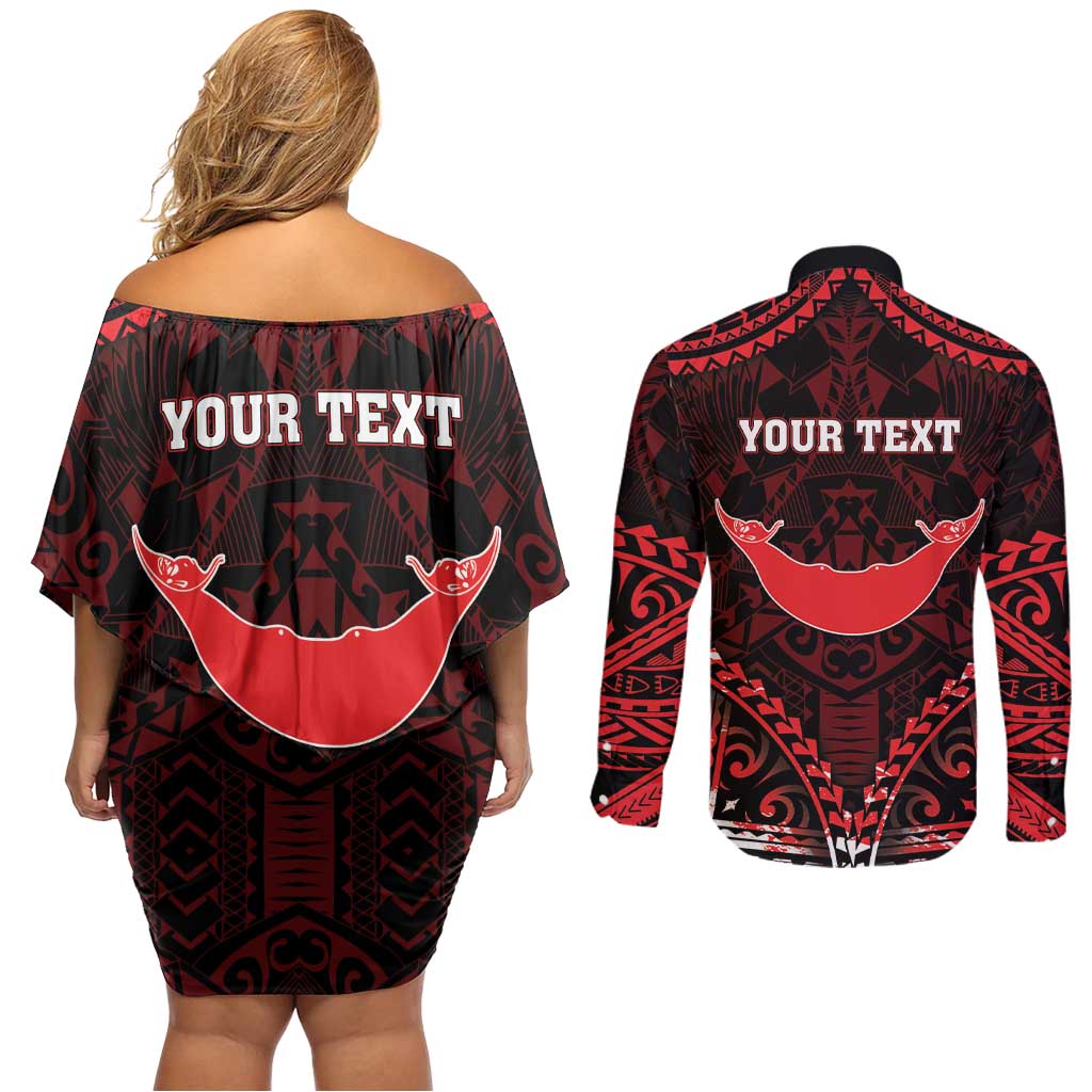 Personalised Easter Island Couples Matching Off Shoulder Short Dress and Long Sleeve Button Shirt Polynesian Pattern Emblem LT05 - Polynesian Pride