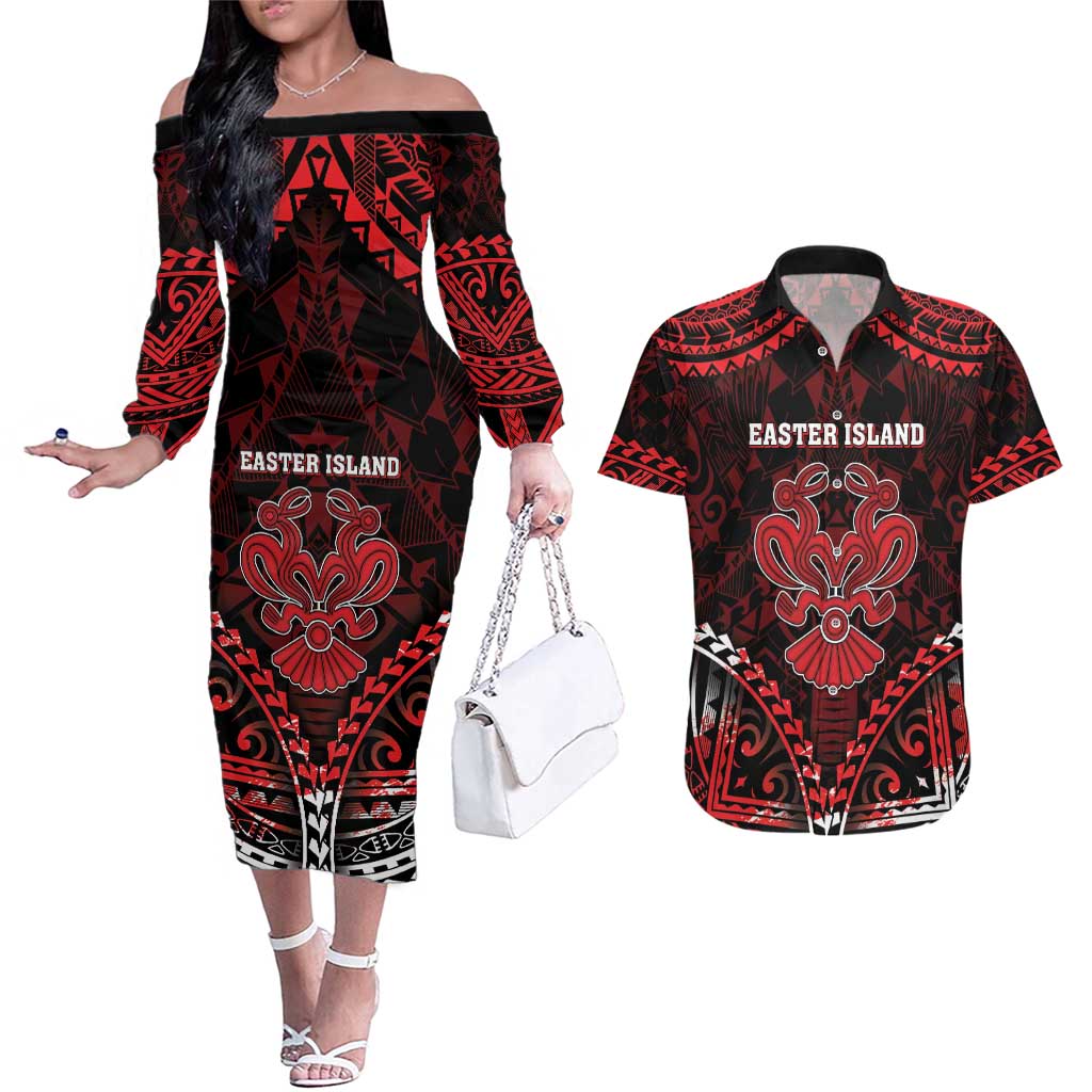 Personalised Easter Island Couples Matching Off The Shoulder Long Sleeve Dress and Hawaiian Shirt Polynesian Pattern Emblem LT05 Black - Polynesian Pride