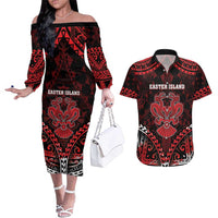 Personalised Easter Island Couples Matching Off The Shoulder Long Sleeve Dress and Hawaiian Shirt Polynesian Pattern Emblem LT05 Black - Polynesian Pride