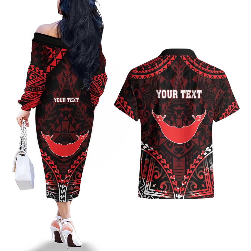 Personalised Easter Island Couples Matching Off The Shoulder Long Sleeve Dress and Hawaiian Shirt Polynesian Pattern Emblem LT05 - Polynesian Pride