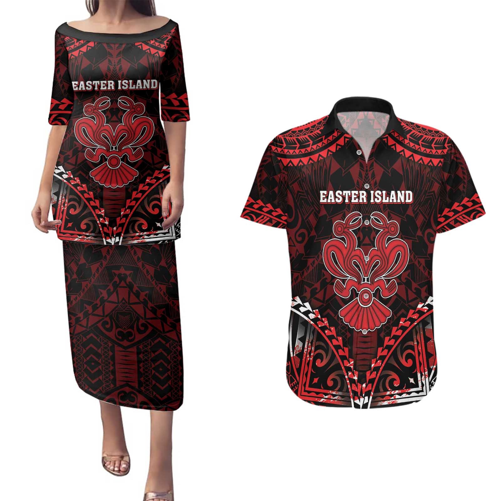 Personalised Easter Island Couples Matching Puletasi and Hawaiian Shirt Polynesian Pattern Emblem LT05 Black - Polynesian Pride