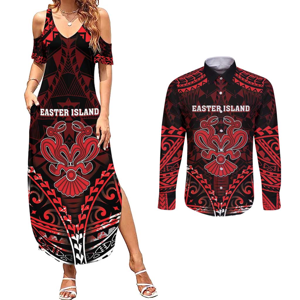 Personalised Easter Island Couples Matching Summer Maxi Dress and Long Sleeve Button Shirt Polynesian Pattern Emblem