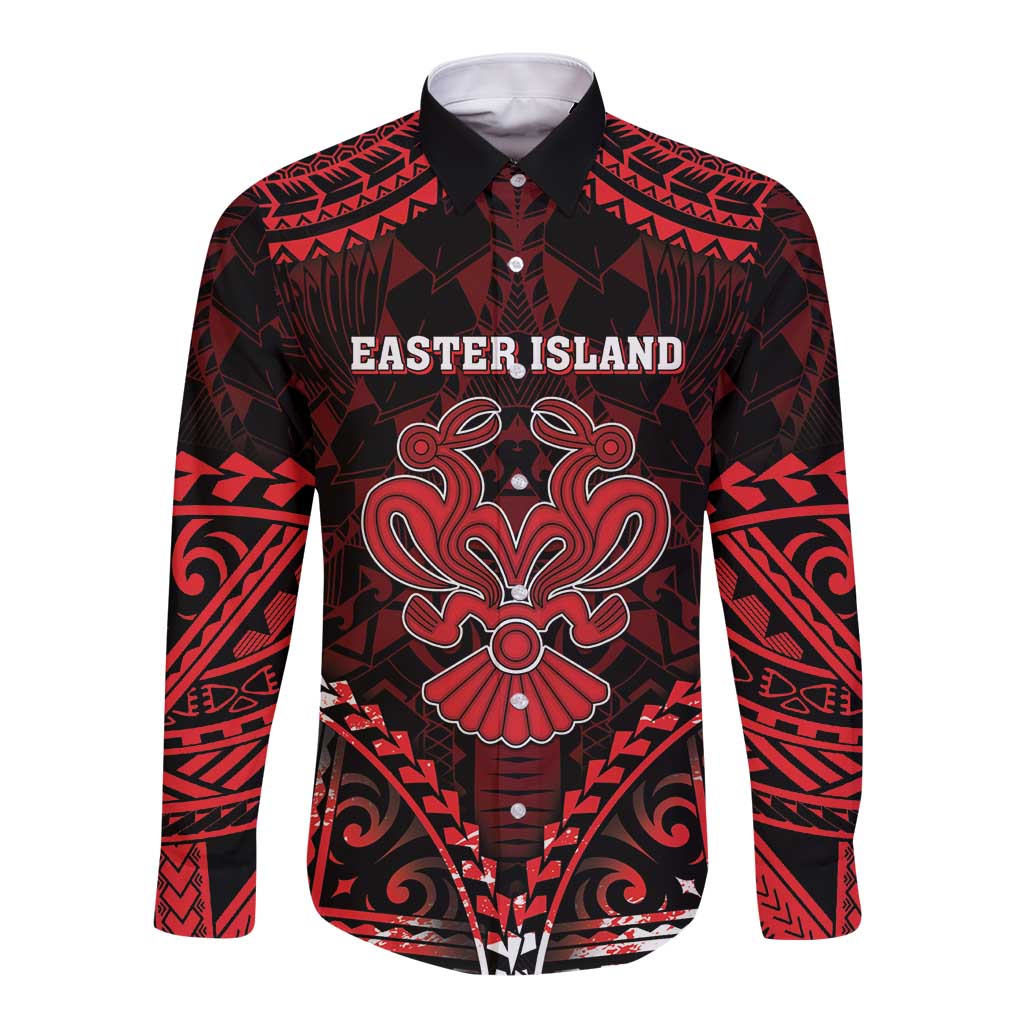 Personalised Easter Island Long Sleeve Button Shirt Polynesian Pattern Emblem LT05 Unisex Black - Polynesian Pride