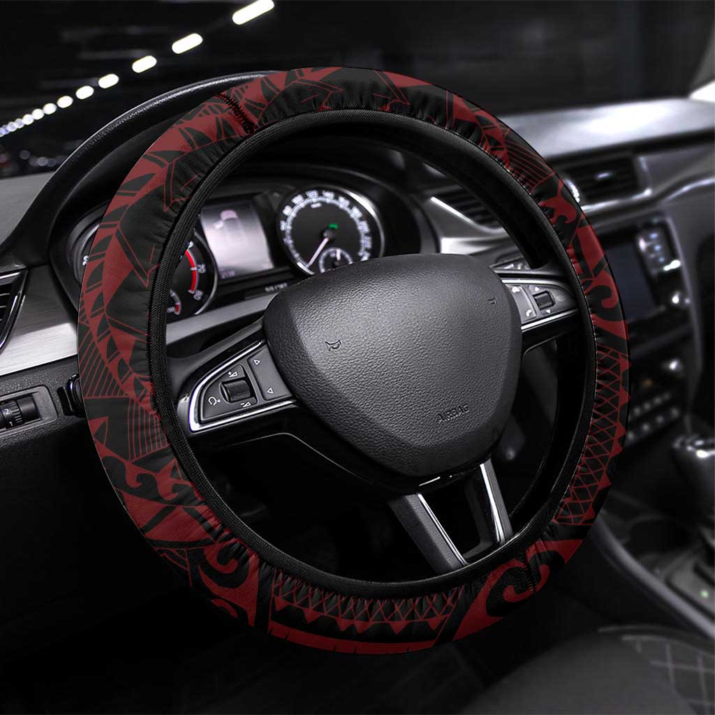 Easter Island Steering Wheel Cover Polynesian Pattern Emblem LT05 Universal Fit Black - Polynesian Pride