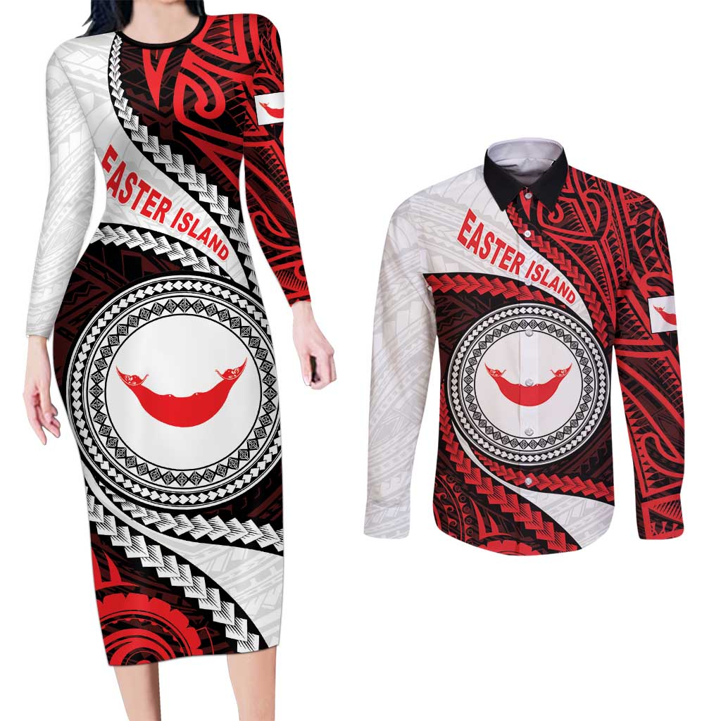 Easter Island Couples Matching Long Sleeve Bodycon Dress and Long Sleeve Button Shirt Moai Statues Polynesian Style LT05 Red - Polynesian Pride