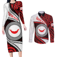 Easter Island Couples Matching Long Sleeve Bodycon Dress and Long Sleeve Button Shirt Moai Statues Polynesian Style LT05 Red - Polynesian Pride