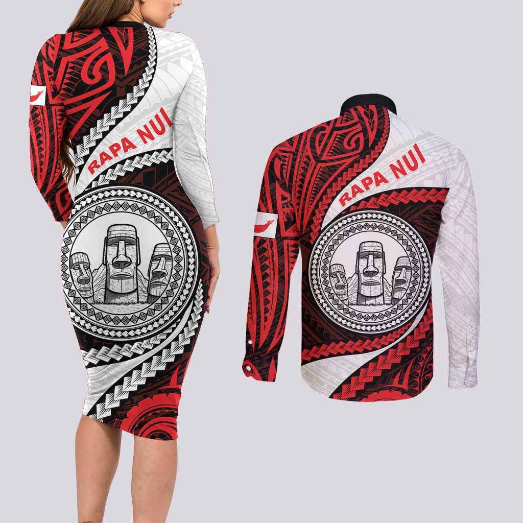 Easter Island Couples Matching Long Sleeve Bodycon Dress and Long Sleeve Button Shirt Moai Statues Polynesian Style LT05 - Polynesian Pride