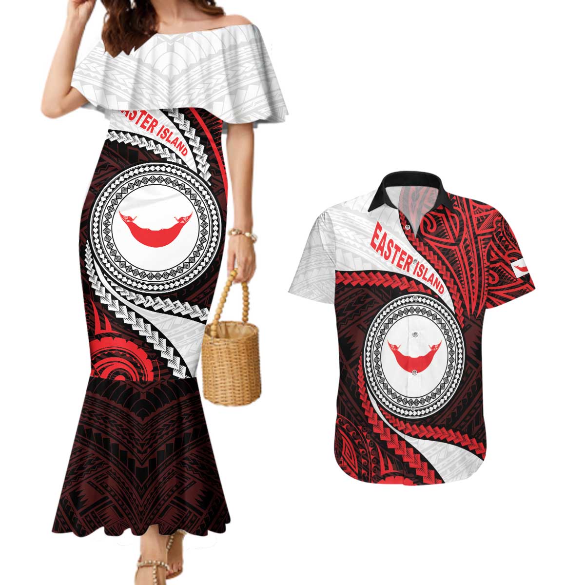 Easter Island Couples Matching Mermaid Dress and Hawaiian Shirt Moai Statues Polynesian Style LT05 Red - Polynesian Pride